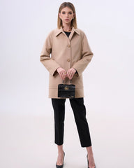 Beige coat with round collar and large pockets