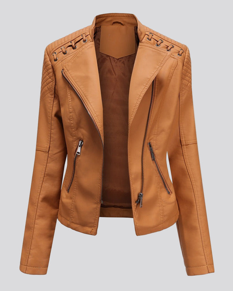 Biker jacket with laced shoulders and asymmetrical zipper