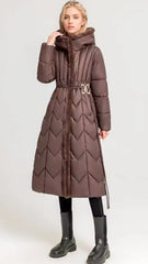 Long padded coat with belt and hood
