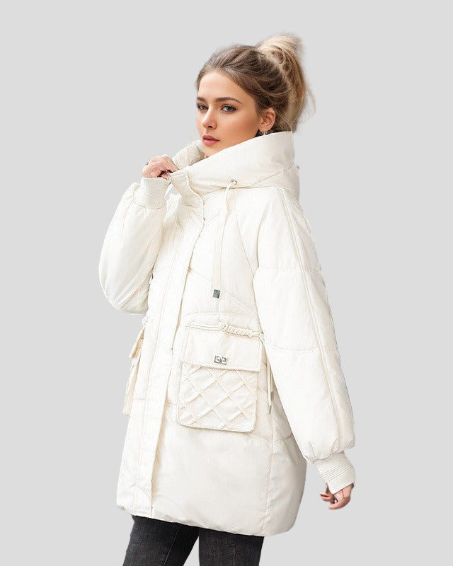 Long padded jacket with hood and pockets