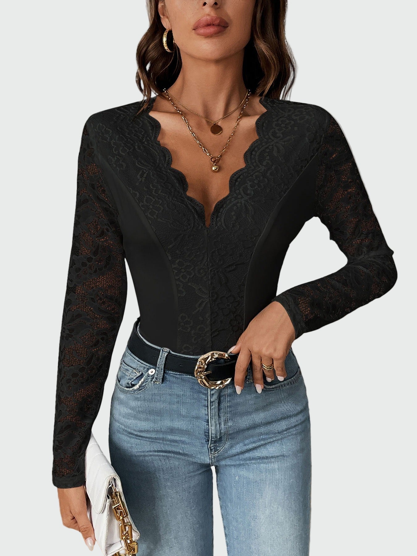 Lace bodysuit with wavy neckline