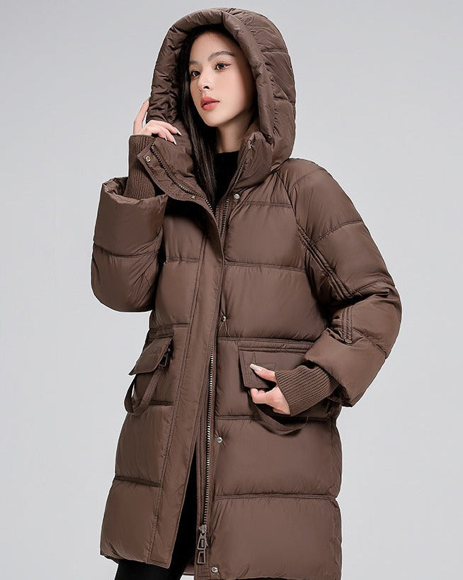 Long padded jacket with hood and pockets