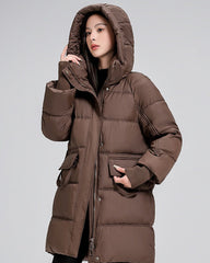 Long padded jacket with hood and pockets