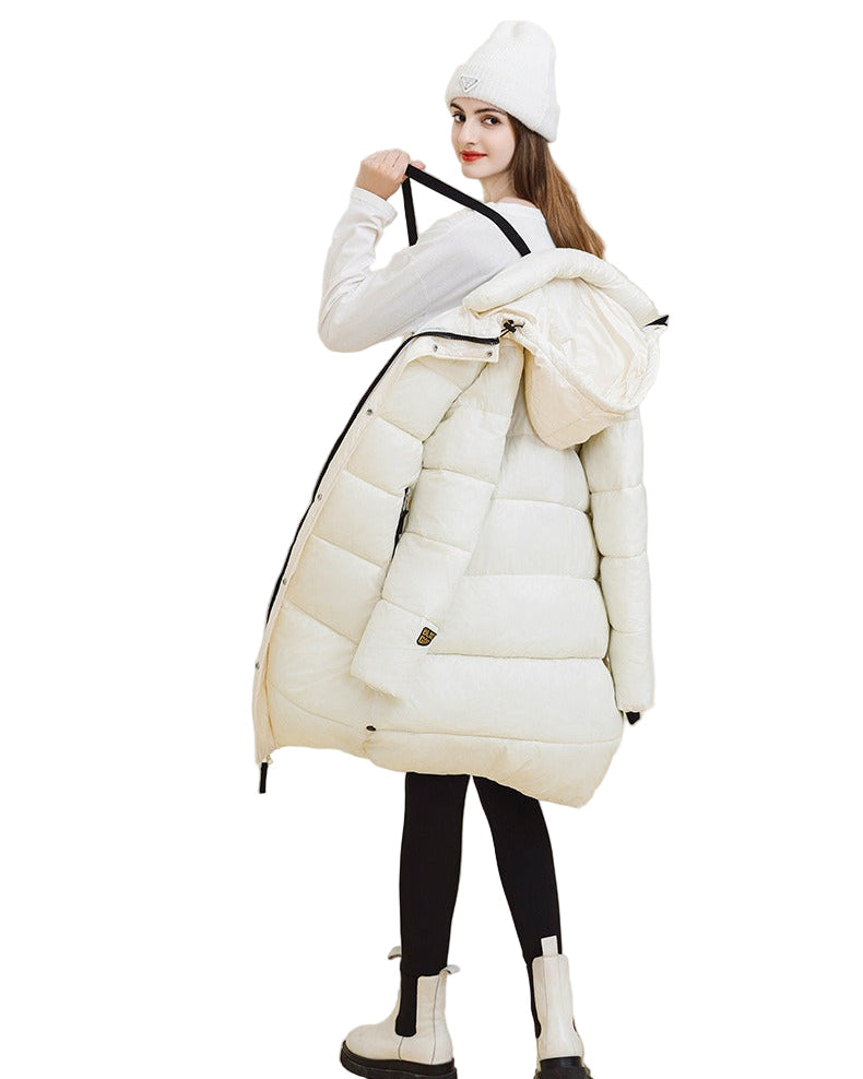 Long padded jacket with hood and zippers