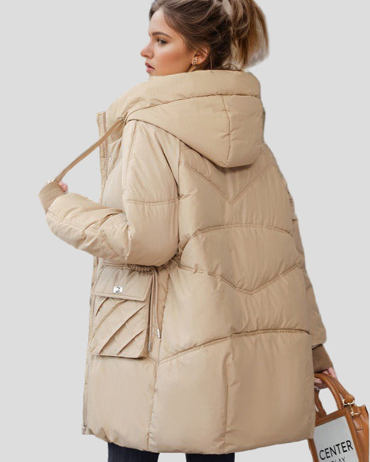 Long padded jacket with hood and pockets