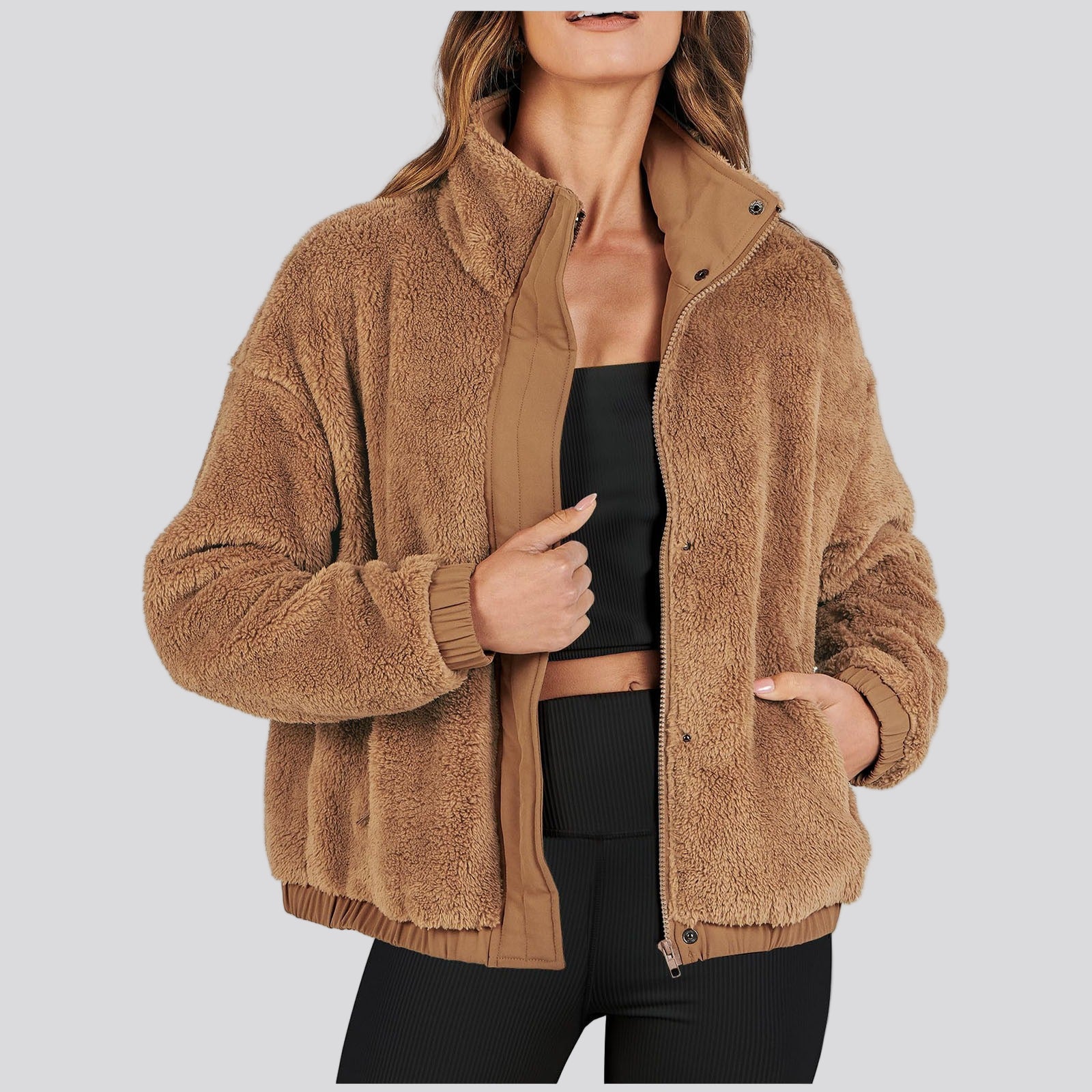 Oversized cozy zip jacket with stand-up collar