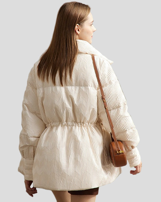Quilted jacket with structure, high collar and drawstring at the waist