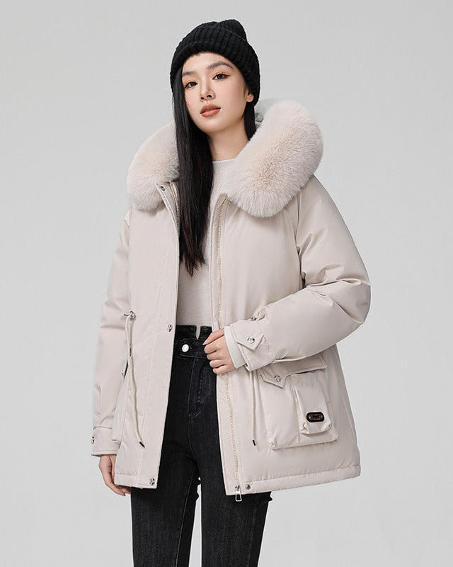 Puffer parka with fluffy collar and adjustable waist