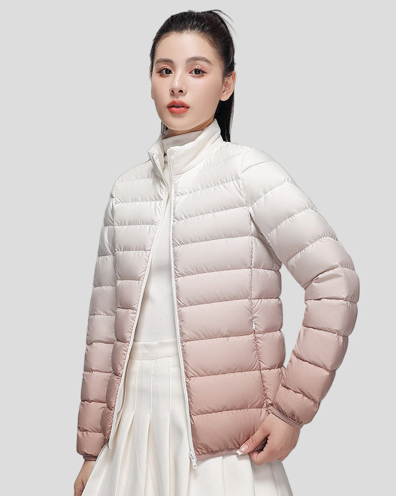 Lightweight ombre puffer jacket with high collar