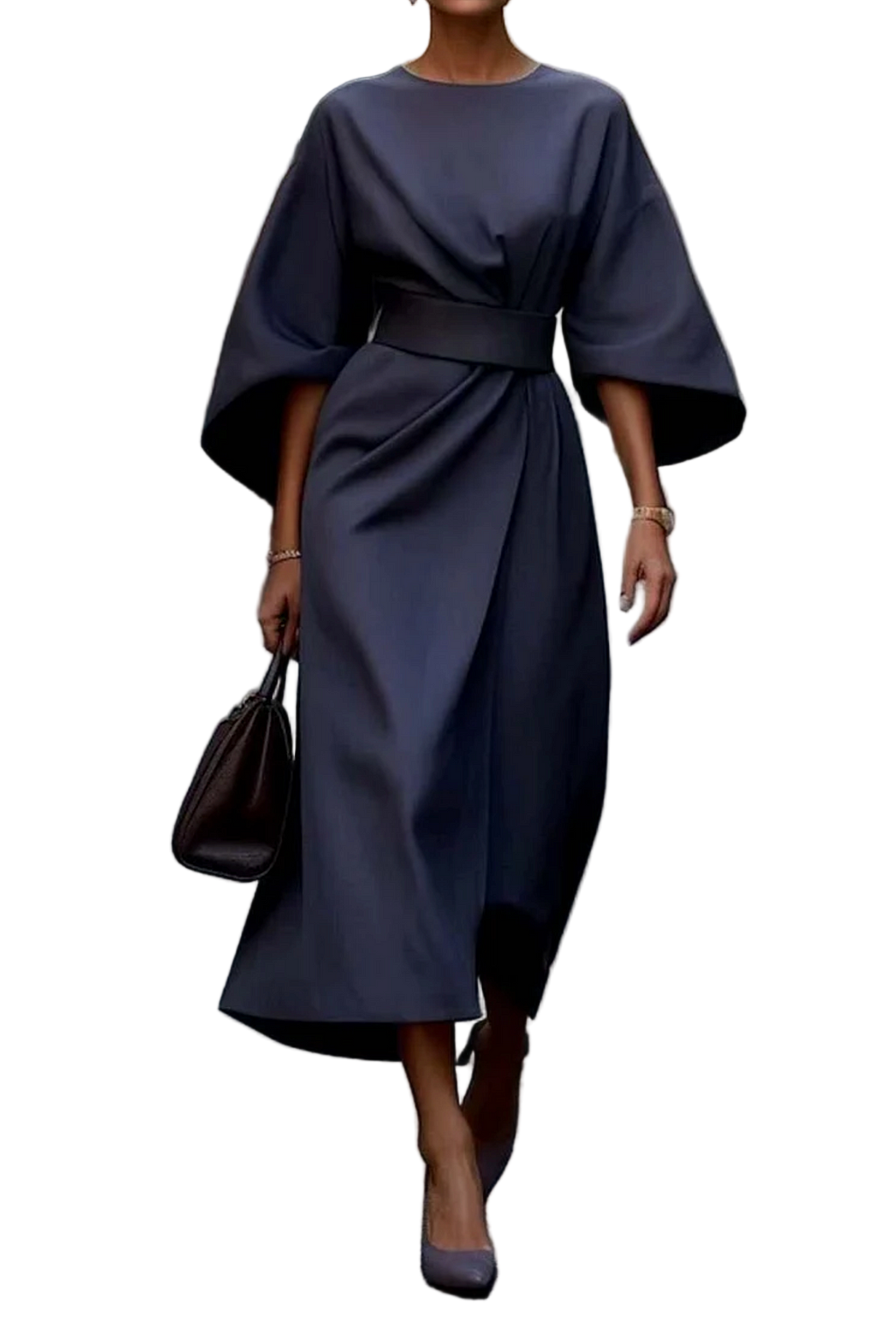 Elegant midi dress with belt and wide sleeves