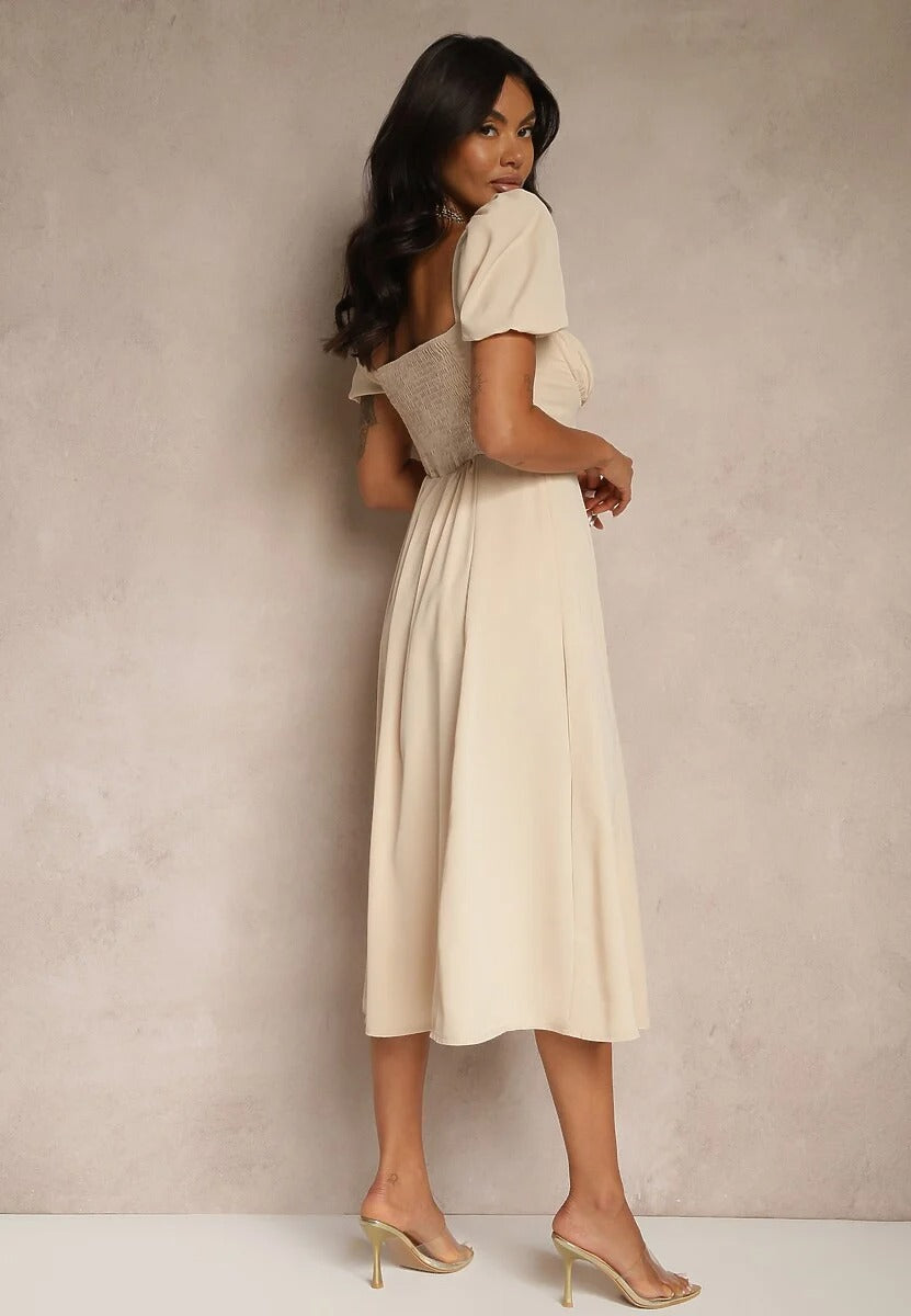 Puff Sleeve Midi Dress with Slit