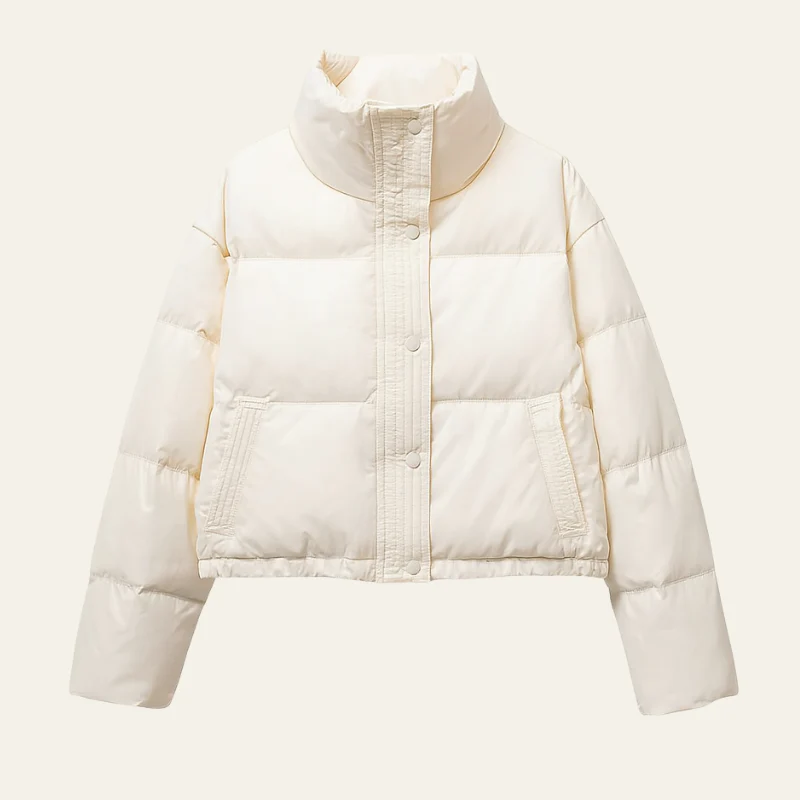 Short puffer jacket with high collar and hidden button closure