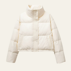 Short puffer jacket with high collar and hidden button closure