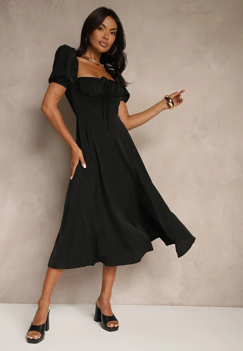 Puff Sleeve Midi Dress with Slit