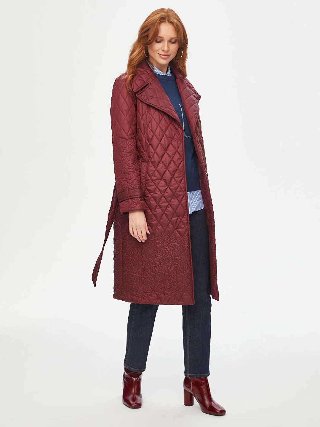 Quilted long coat with floral details