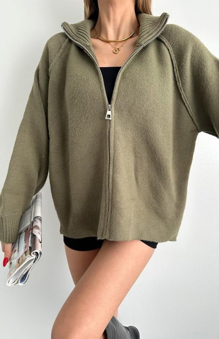 Oversized zip cardigan with high collar