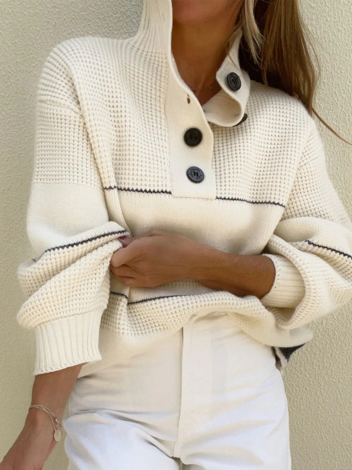 Cream striped sweater with button collar