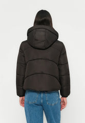 Black puffer jacket with hood and zip pockets