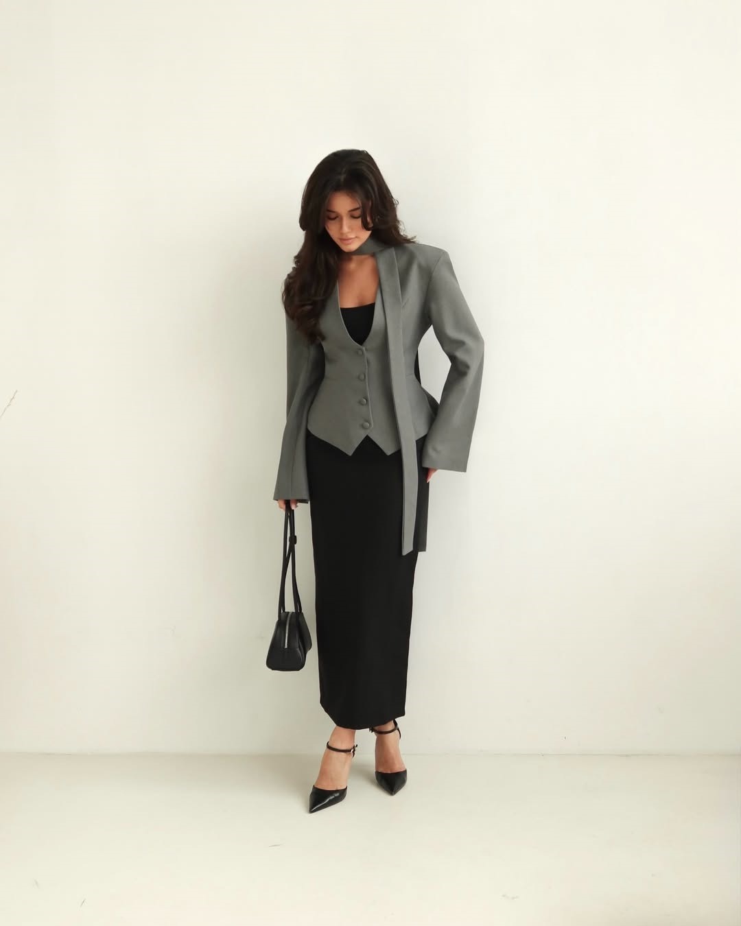 Tailored blazer with scarf collar and peplum