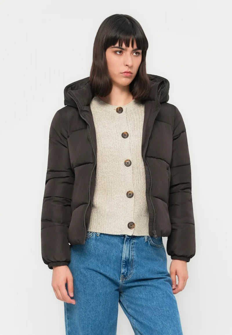 Black puffer jacket with hood and zip pockets