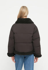 Dark brown short puffer jacket with black teddy collar and hem