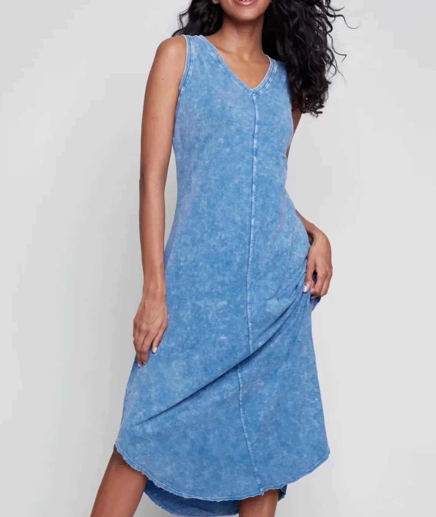 Washed blue sleeveless midi dress