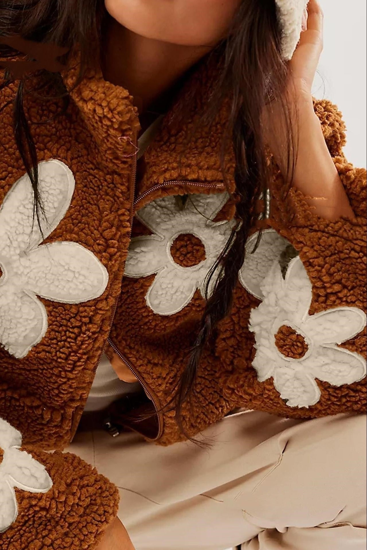 Floral zip jacket with stand-up collar