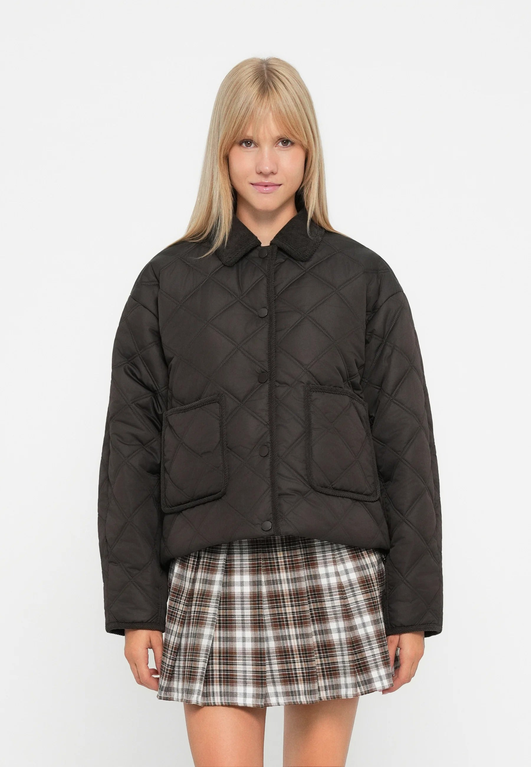 Black diamond quilted short jacket with textured collar
