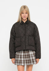 Black diamond quilted short jacket with textured collar