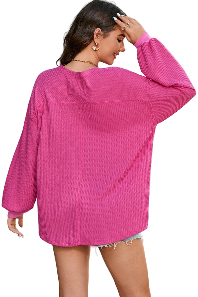 V-neck waffled oversized long-sleeved top