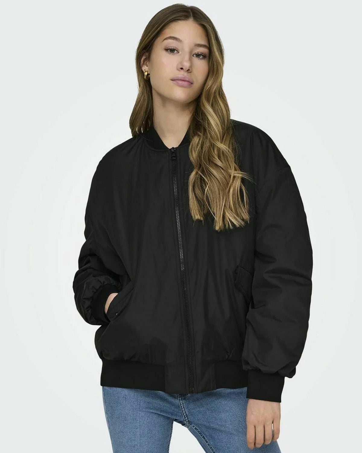 Black oversized bomber jacket with ribbed edges