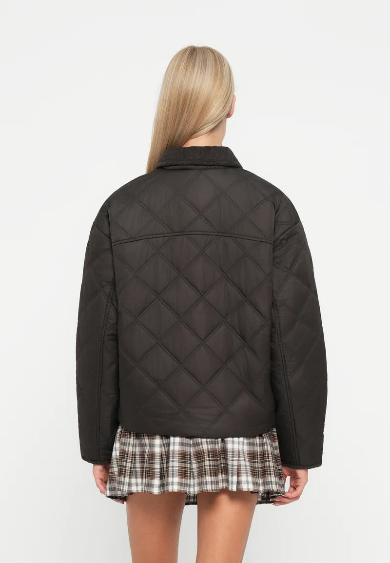 Black diamond quilted short jacket with textured collar