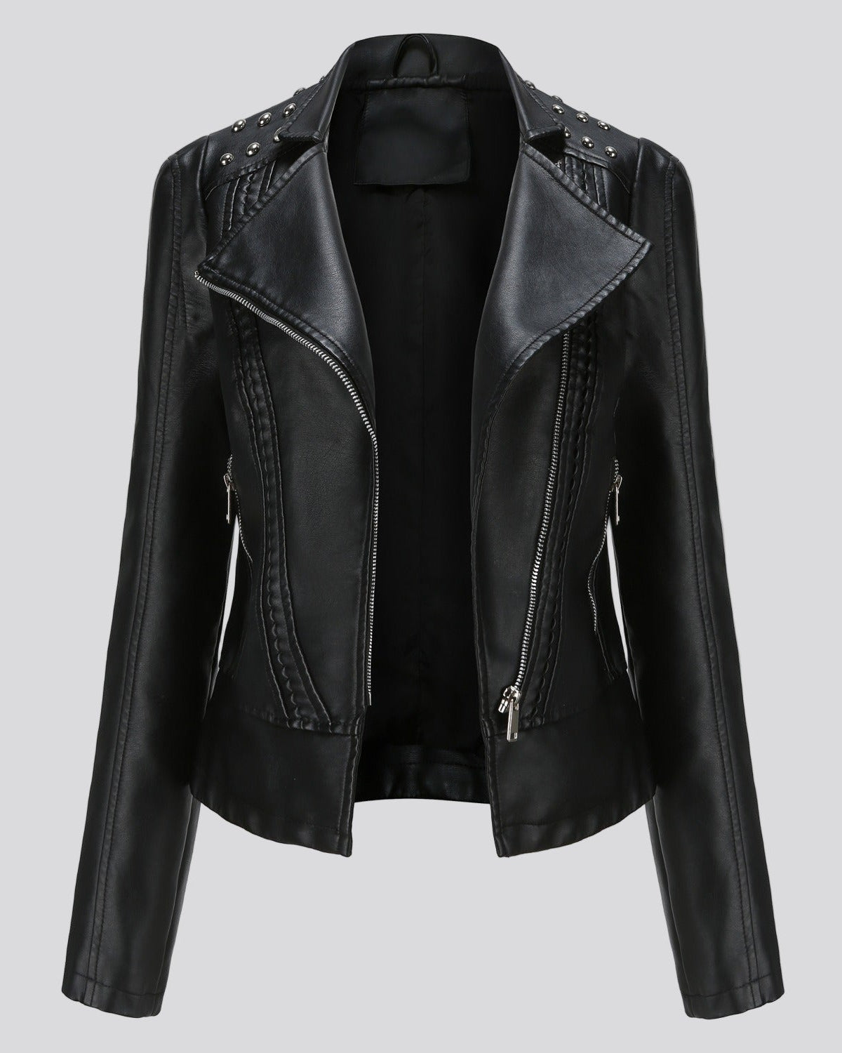 Biker jacket with laced shoulders and asymmetrical zipper