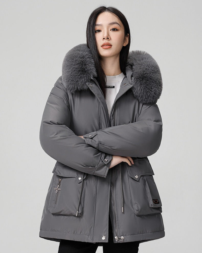 Puffer parka with fluffy collar and adjustable waist