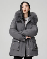 Puffer parka with fluffy collar and adjustable waist