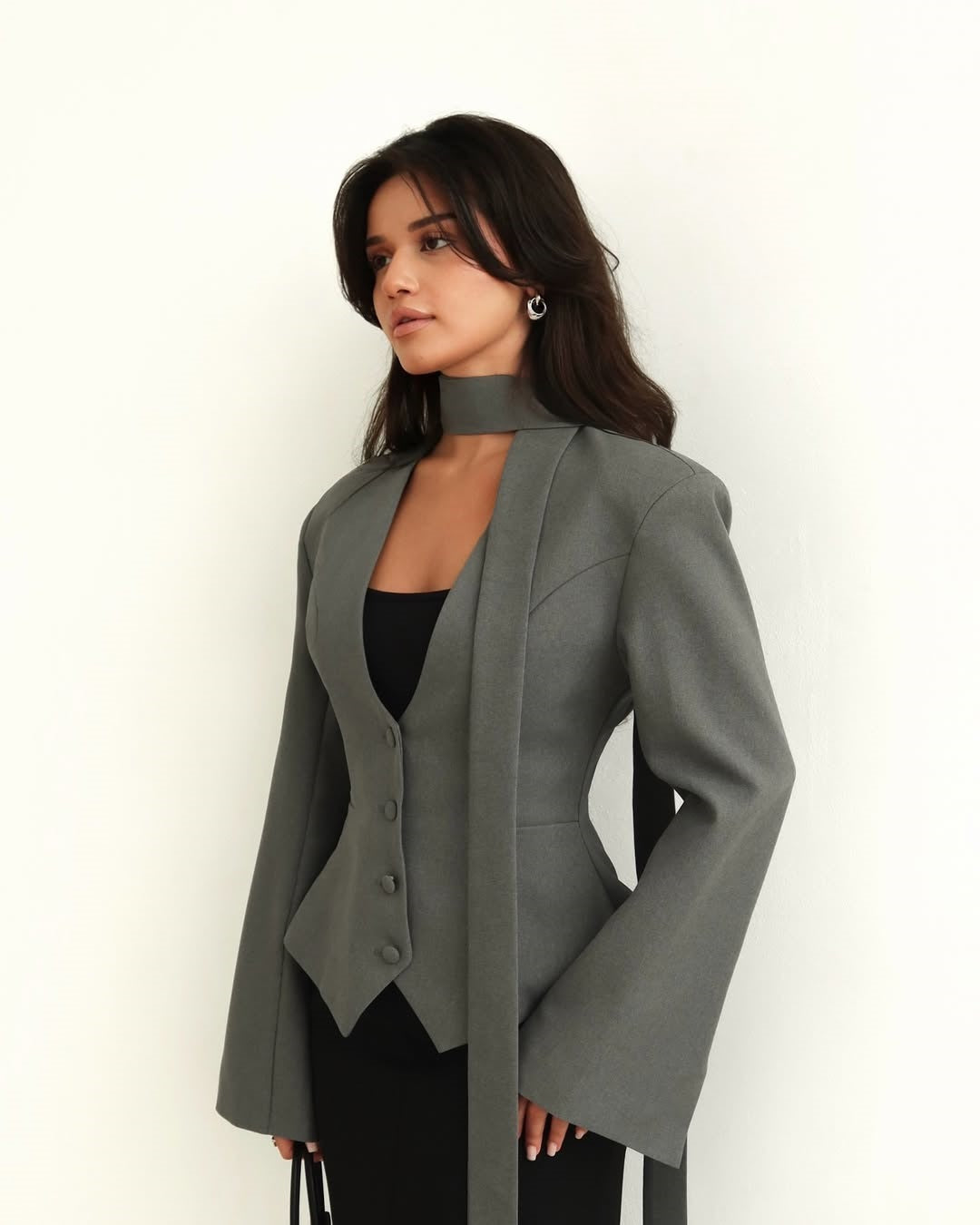 Tailored blazer with scarf collar and peplum