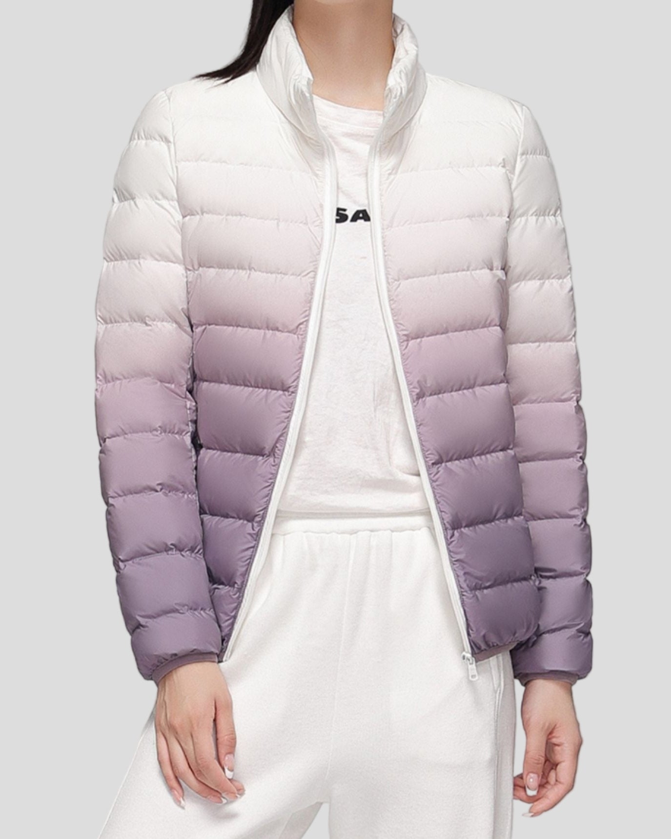 Lightweight ombre puffer jacket with high collar