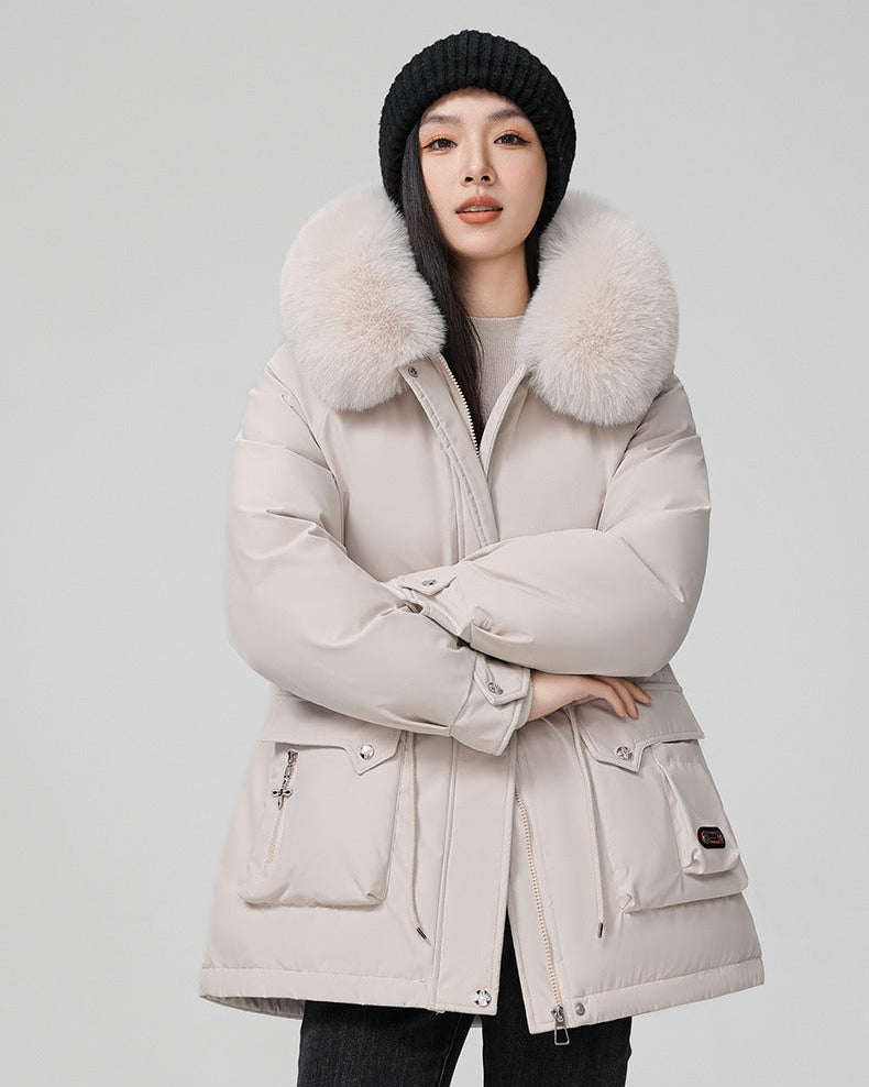 Puffer parka with fluffy collar and adjustable waist