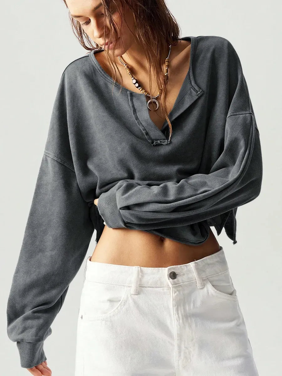 Dark Gray cropped sweatshirt with raw V-neck