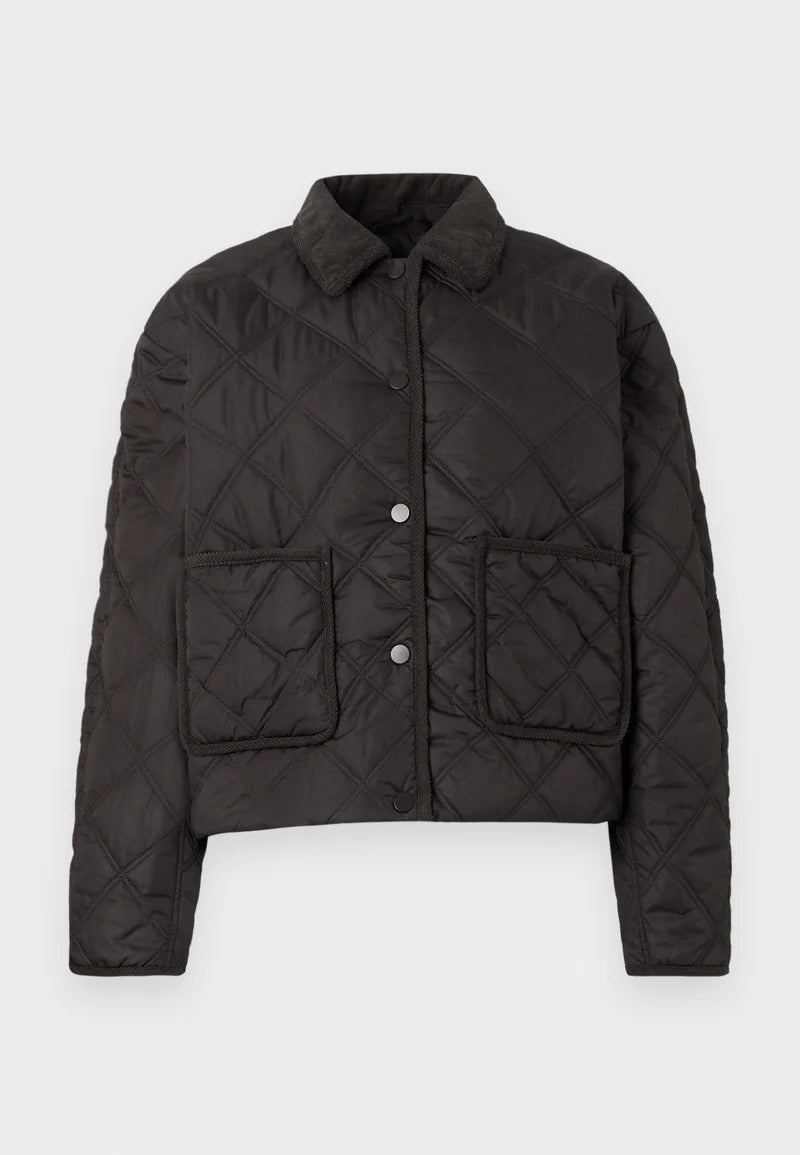 Black diamond quilted short jacket with textured collar