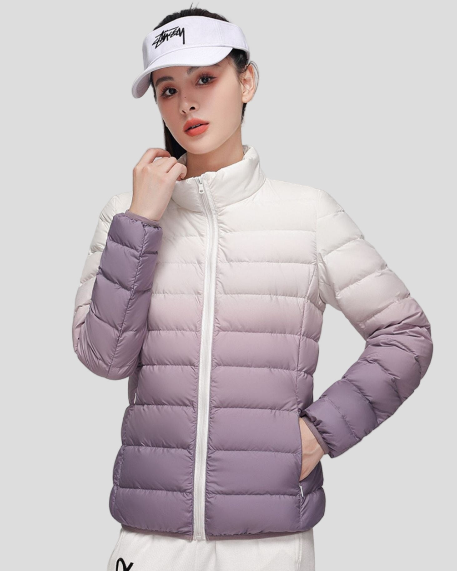 Lightweight ombre puffer jacket with high collar