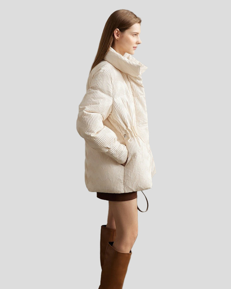 Quilted jacket with structure, high collar and drawstring at the waist