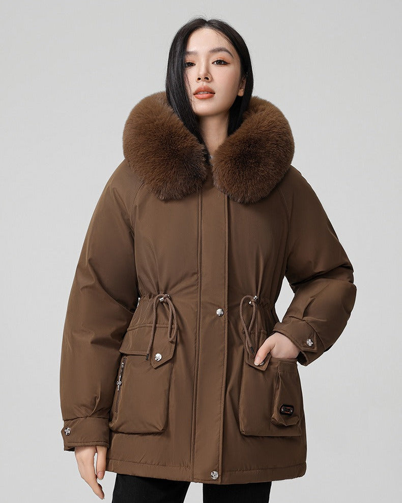Puffer parka with fluffy collar and adjustable waist
