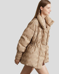 Quilted jacket with structure, high collar and drawstring at the waist