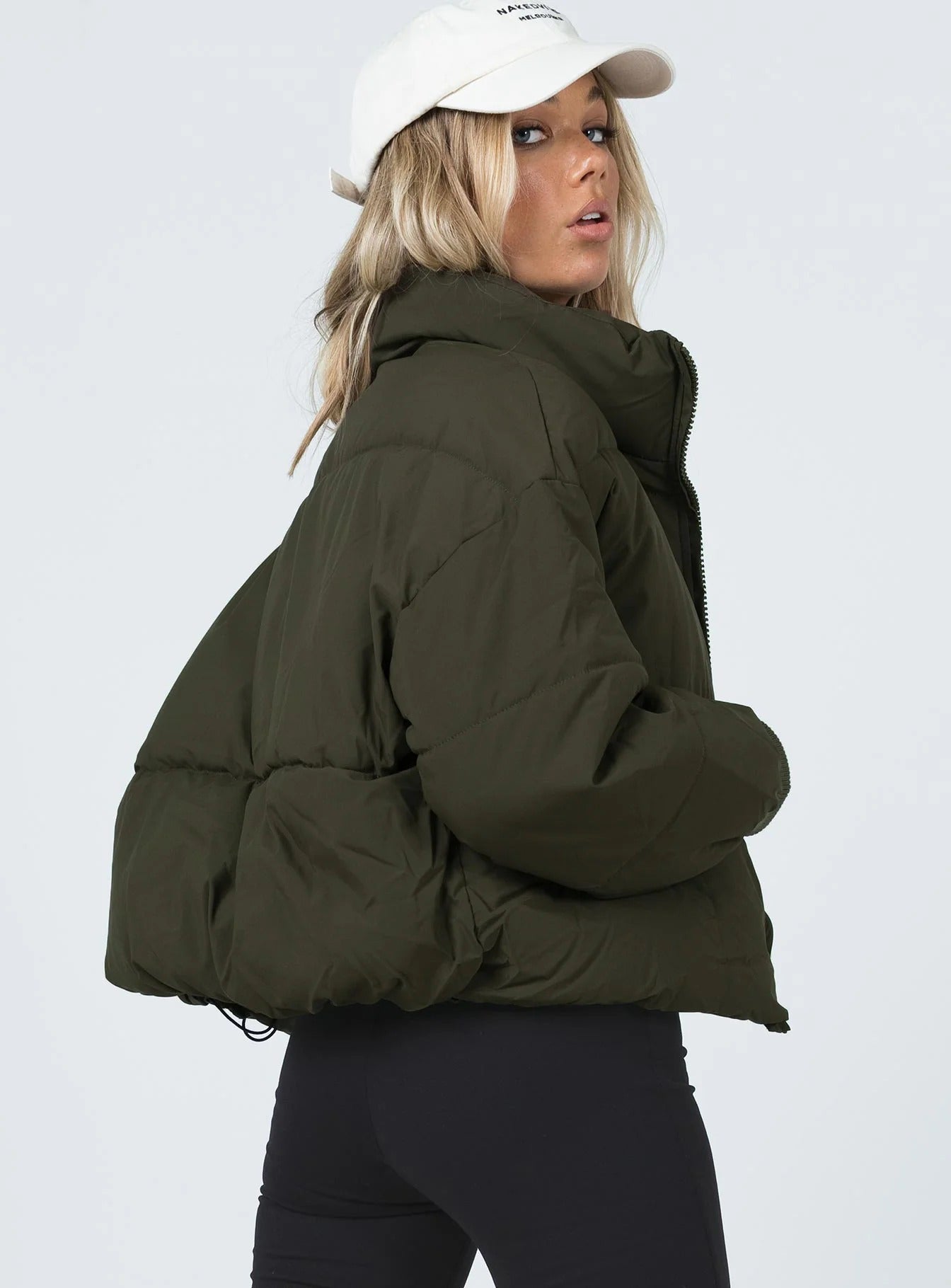 Army green puffer bomber jacket – high collar