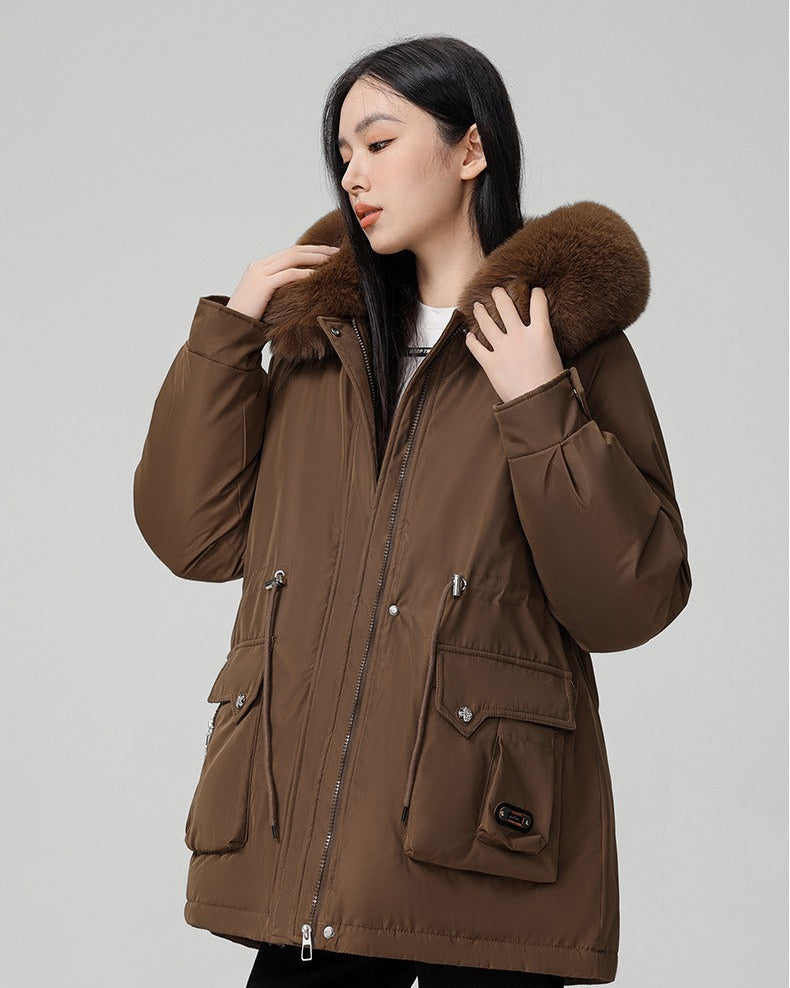 Puffer parka with fluffy collar and adjustable waist