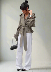 Khaki wrap jacket with tie belt and 3/4 sleeves