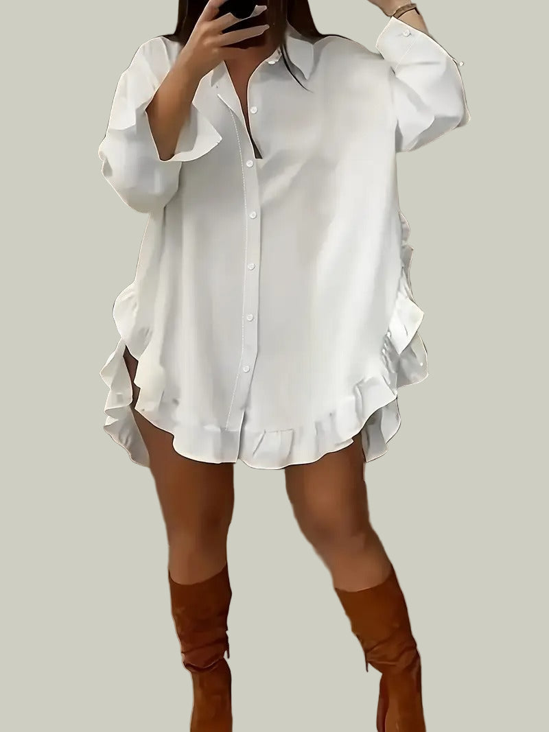 Shirt dress with ruffle trim and button closure