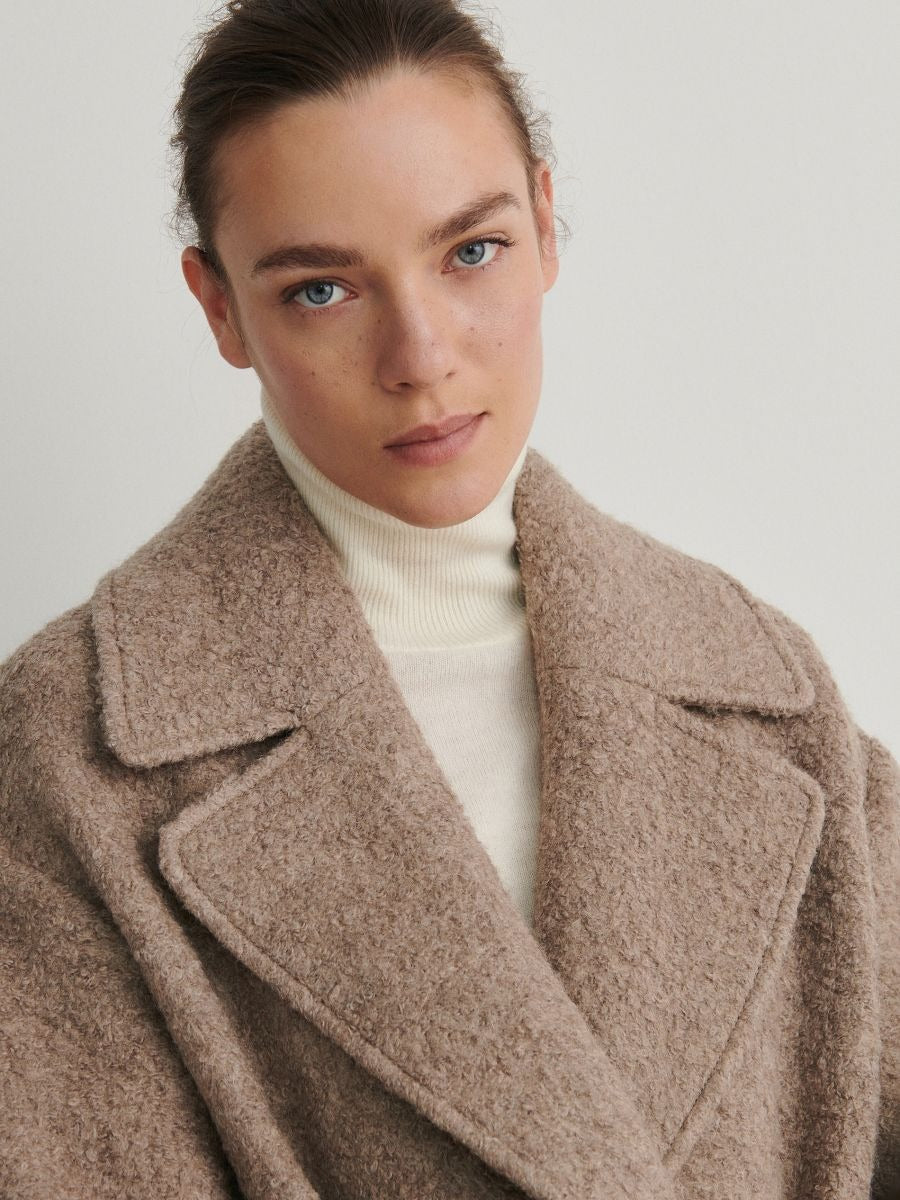 Taupe long coat with tie belt