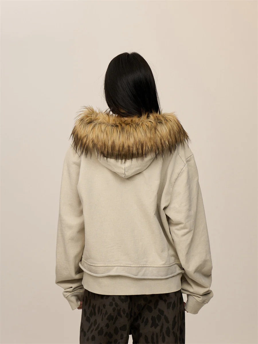 Beige oversized jacket with brown furry hood